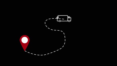 animation of logistic delivery truck with gps position geo location on black background