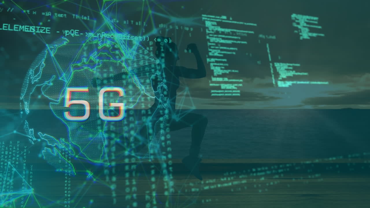 animazione dell'elaborazione dei dati e della rete di connessioni su donna che corre sulla spiaggia