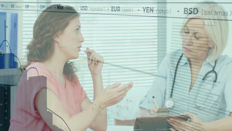 animation of financial data processing over caucasian female doctor and patient