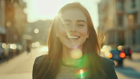 a woman smiles as she walks down the street at sunset