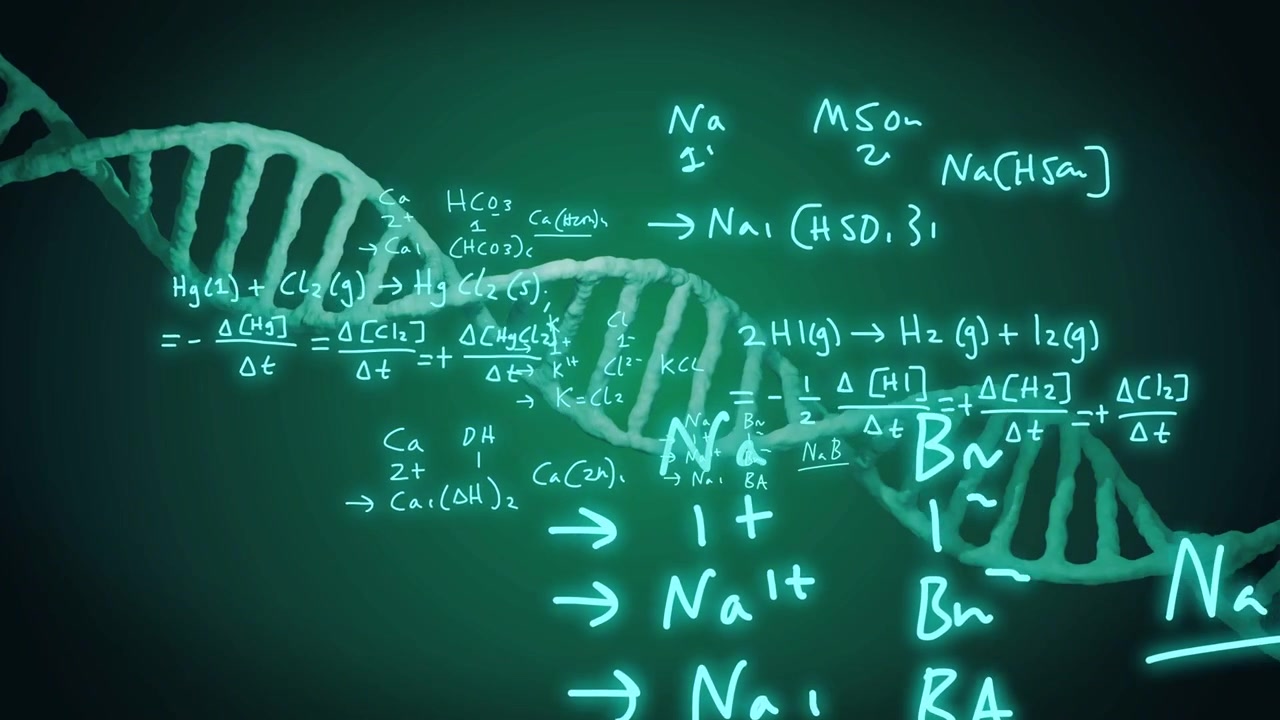 Faint neon formulas appearing left, drawing over rotating DNA helix, visualizing chemical equations