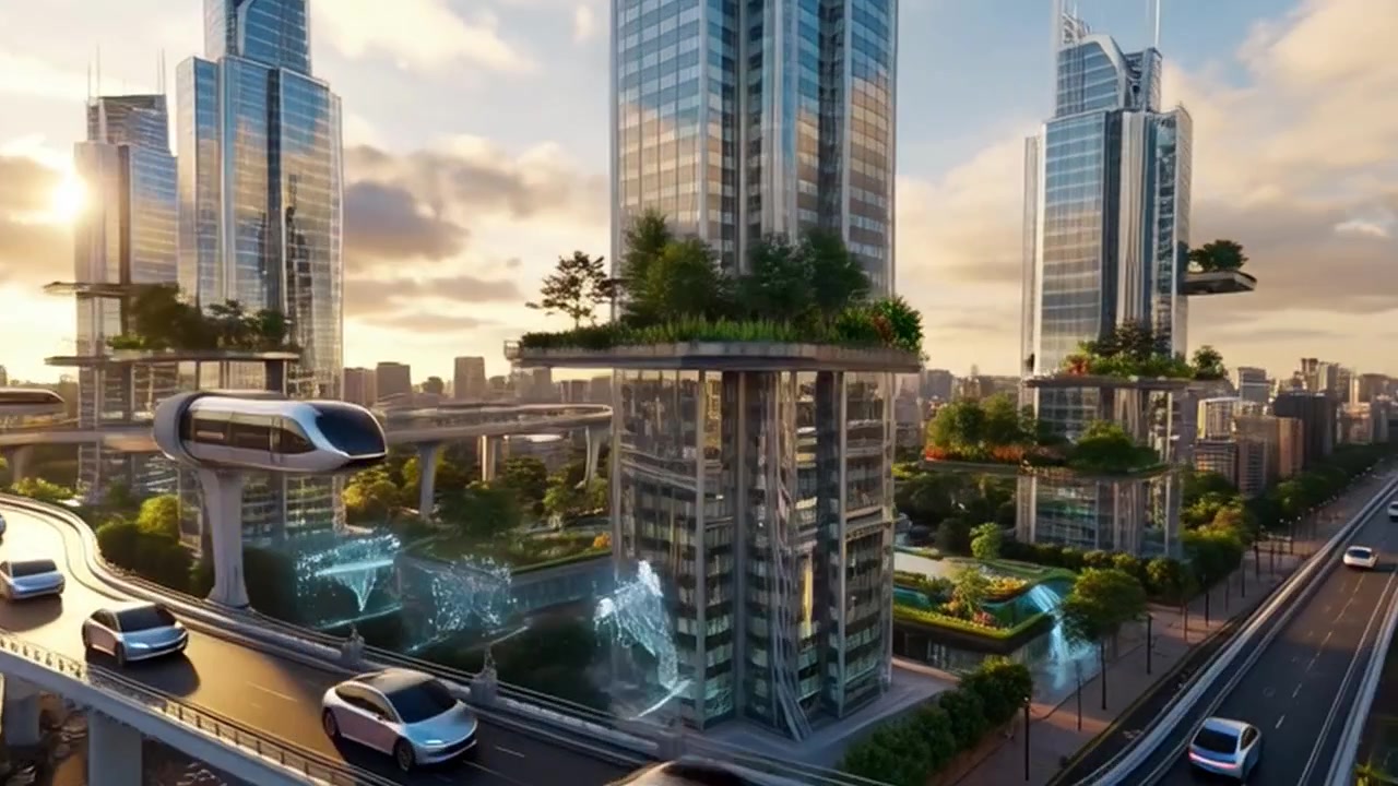 Futuristic Cityscape with Elevated Monorail and Sustainable Skyscrapers