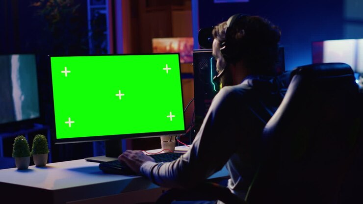 Uomo in un appartamento scarsamente illuminato che gioca a videogiochi su uno schermo verde su un PC al banco del computer