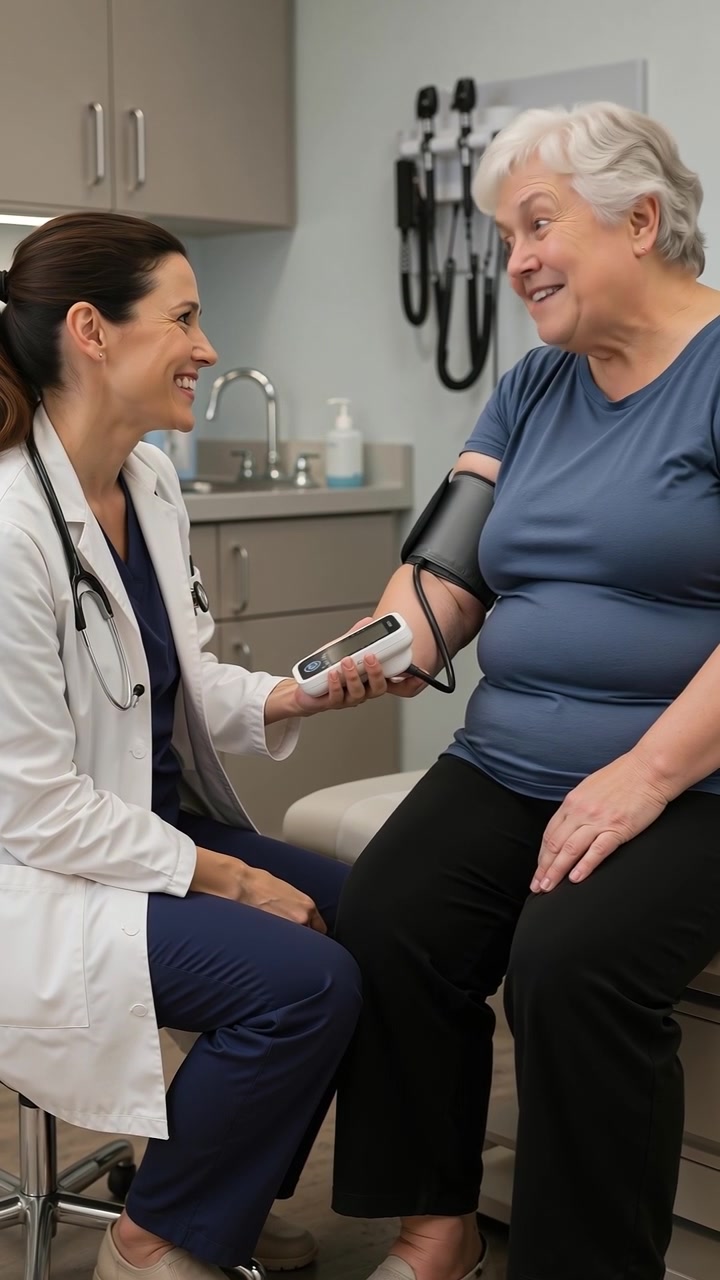 Female doctor checking the blood pressure of an elderly patient in a medical clinic