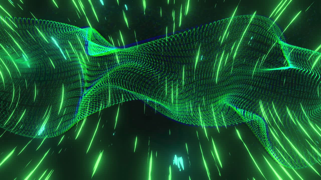 Animation of green glowing light trails spinning over digital wave against black background