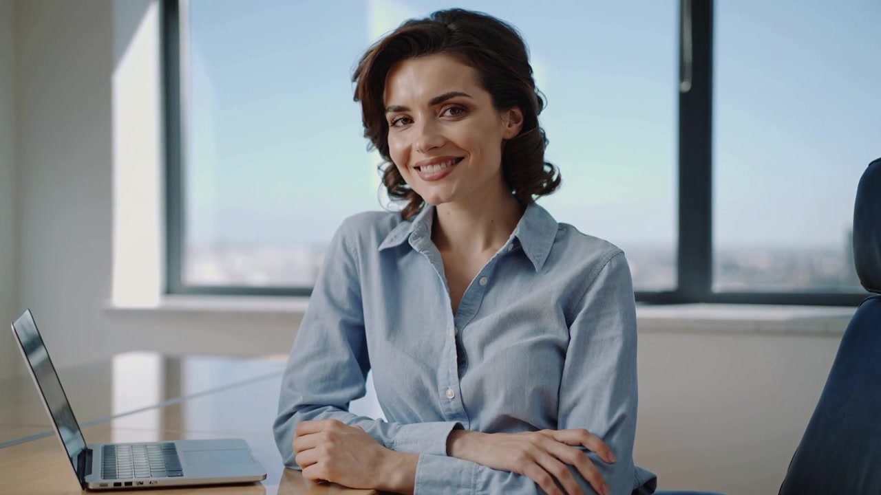 La telecamera si avvicina, una donna in camicia blu sorride, appoggiata alla scrivania dell'ufficio, accogliendo con un laptop aperto.