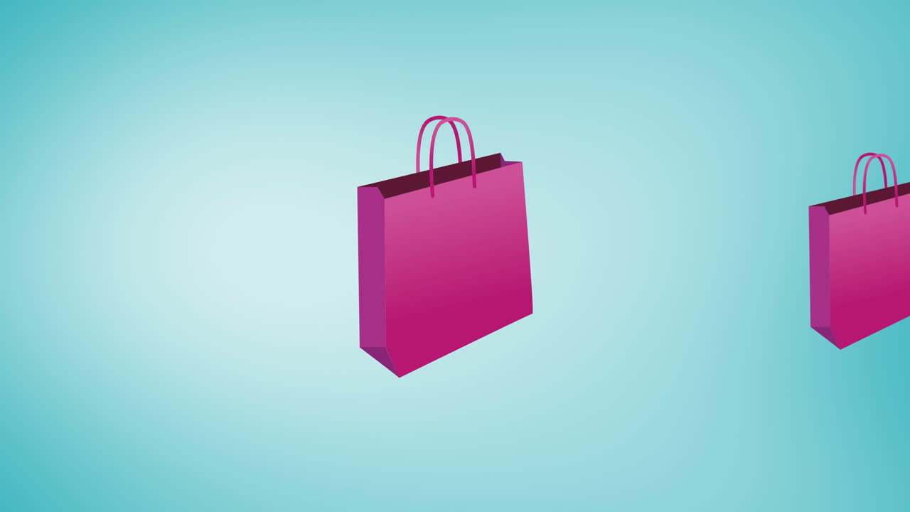 animación de una bolsa de compras rosa repetida en un fondo azul
