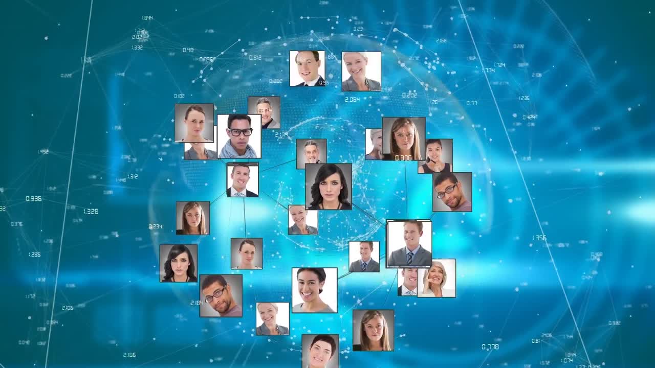 animación de diversas imágenes de perfil de personas sobre puntos conectados que forman globos y números