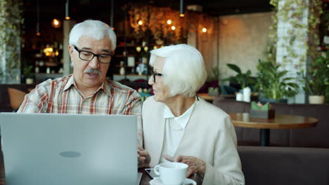older couple using a laptop in a cafe