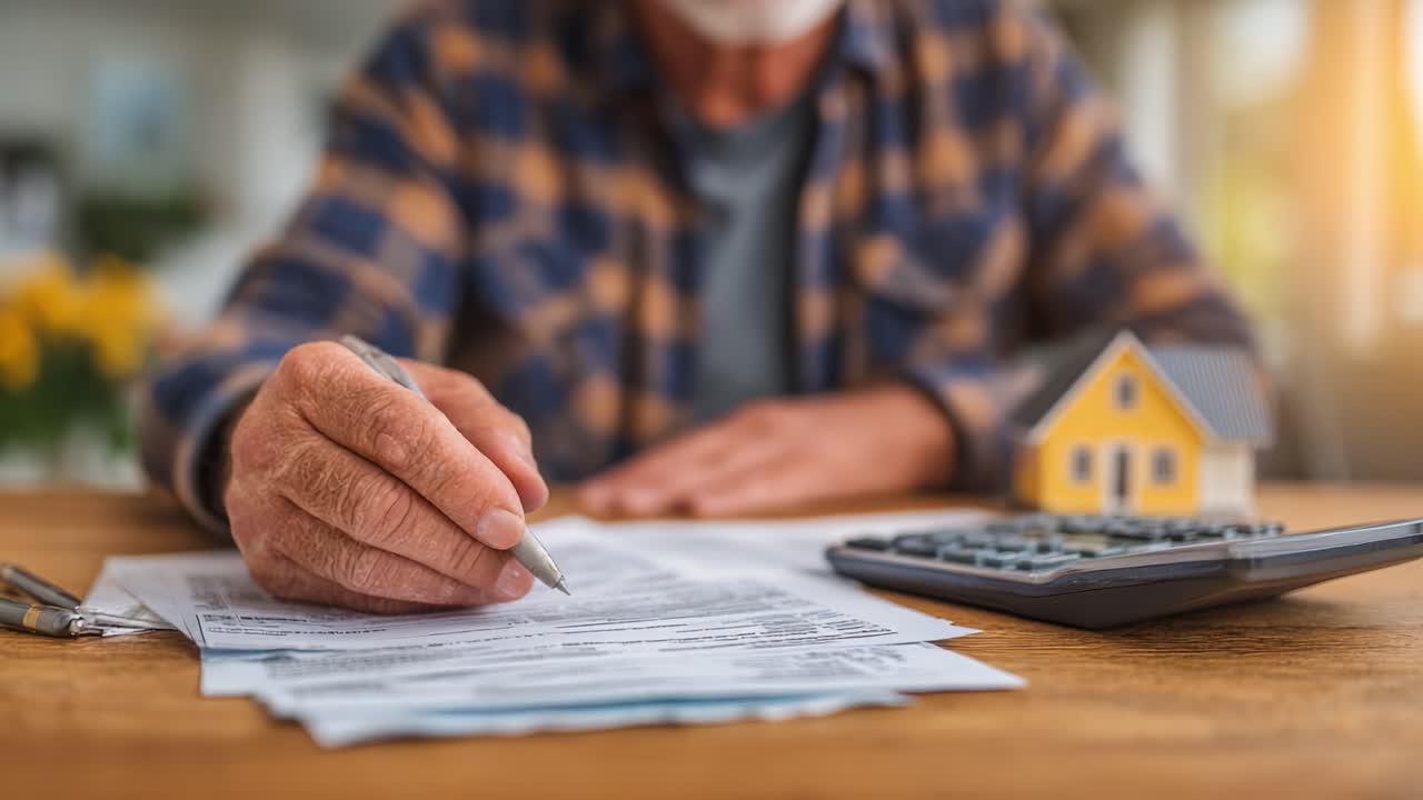 Una persona concentrata che esamina documenti importanti con un modello immobiliare e una calcolatrice, illustrando il processo decisionale finanziario nel contesto della proprietà immobiliare.