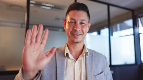 smile, wave and portrait of man on video call