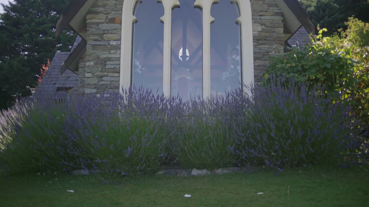 tilting up from the the lavender flowers to the sun through the chapel with less flare