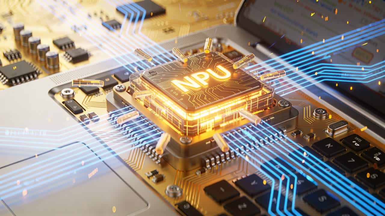 Glowing NPU module receiving data, pulsing on circuit board over laptop trackpad, blue data traces