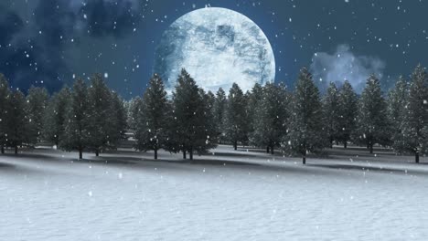 digital animation of snow falling on multiple trees on winter landscape against moon in night sky