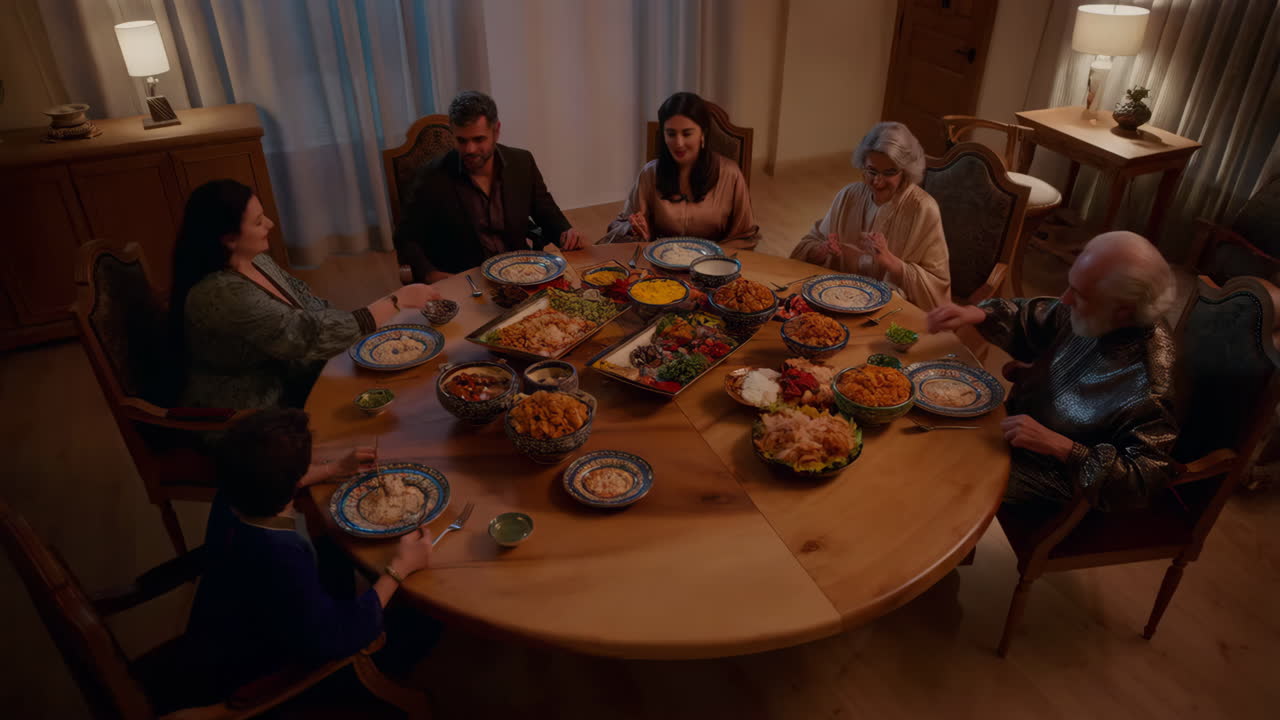 Family and Friends Gathered Around a Dinner Table Filled with Food