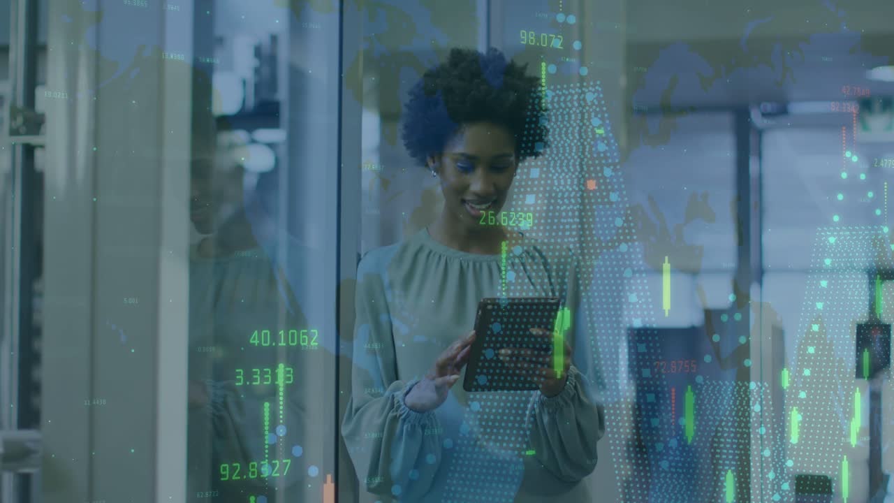 Woman tapping tablet and scrolling, animating financial candlestick charts on glass, analyzing data