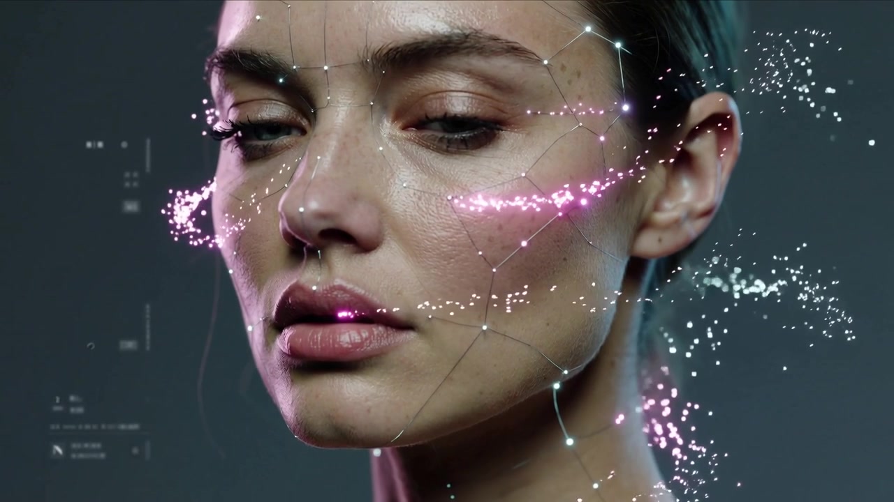 Camera filming woman while software starting wireframe particle ribbon in studio for facial mapping