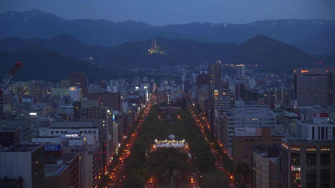 사포로 tv 타워에서 오도리 공원을 내려다보는 저녁 시간 전망