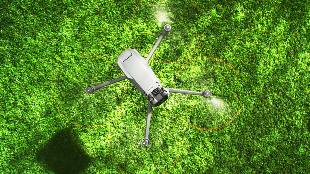 Drone Taking Off In Slow Motion From Vivid Green Grass And Flying Out Of Frame