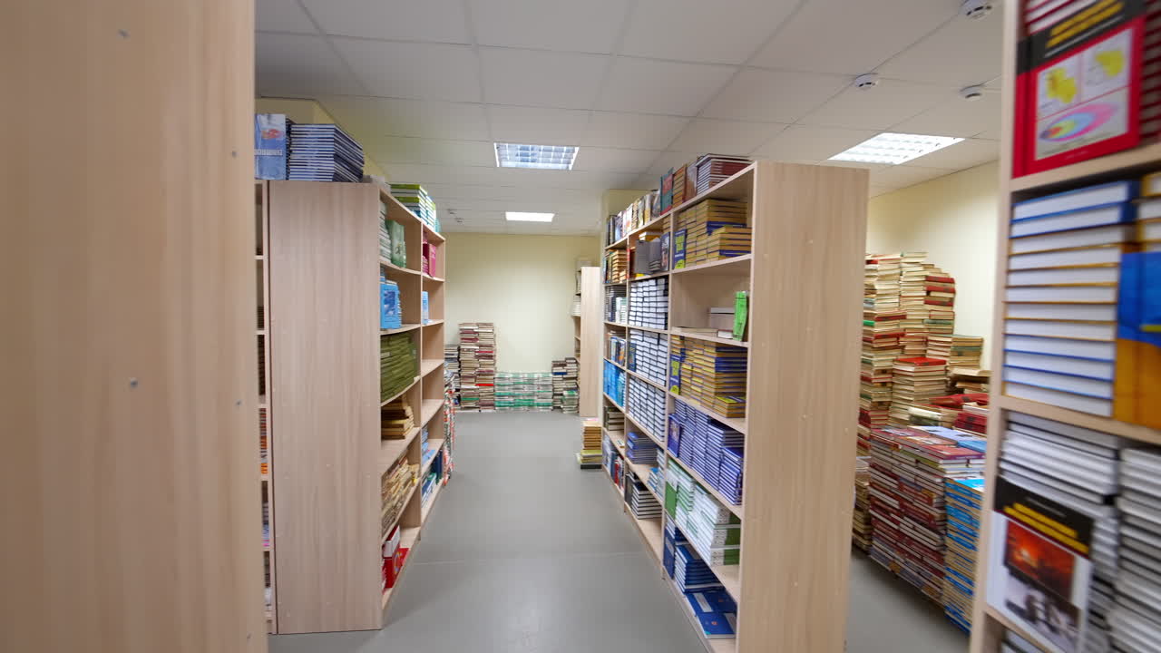 Vista de estanterías con libros. Largo pasillo de biblioteca con estanterías de madera.