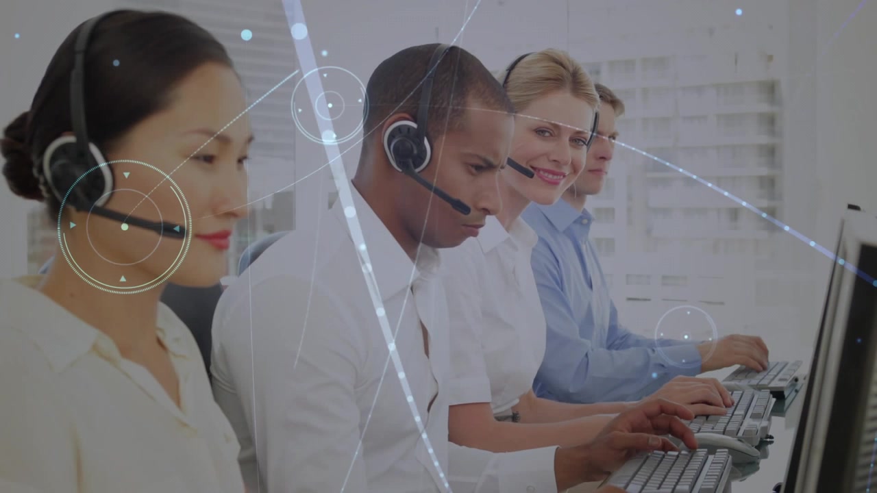 Diverse Call Center Agents Working with Headsets and Digital Network Overlay