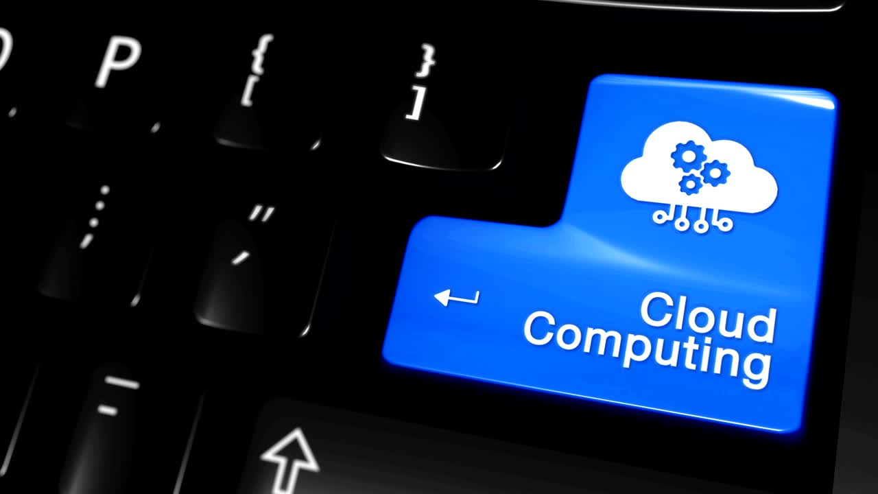 computación en la nube movimiento de movimiento en azul botón de entrada en el teclado de la computadora moderna con texto e icono etiquetado. la tecla de enfoque seleccionada está presionando animación. concepto de compilación en la nube