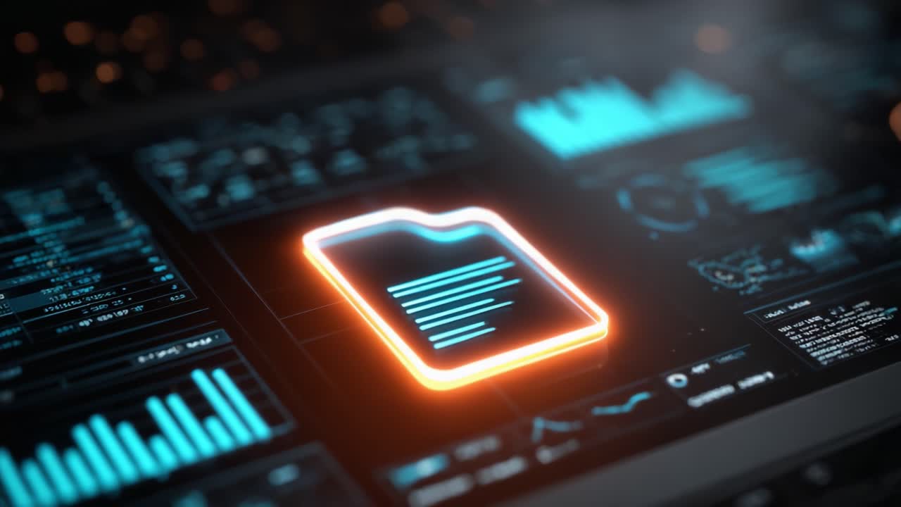 Dynamisk grensesnittvisualisering med et fremhevet dokumentikon midt i en rekke digitale data og grafiske innsiktsfremstillinger.