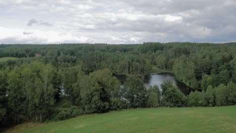 Exuberantes-árboles-Verdes-Que-Rodean-El-Tranquilo-Lago-Cerca-Del-Pueblo-De-Piaszno-Visto-Desde-Las-Colinas-De-La-Montaña-En-Un-Día-Brillante-En-El-Voivodato-De-Pomerania,-Norte-De-Polonia