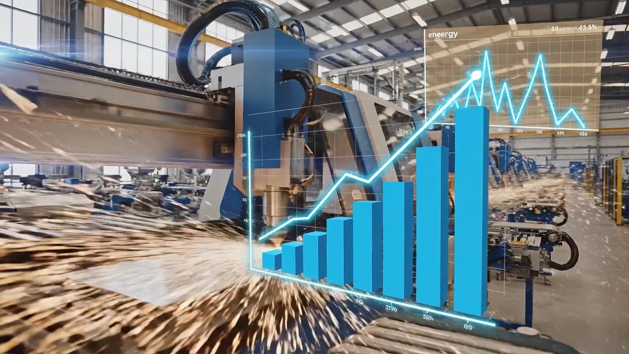 Industrial Factory with Automated Machine, Sparks, and Digital Data Analysis