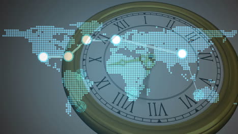 digital connections over world map with animation of vintage clock showing time zones