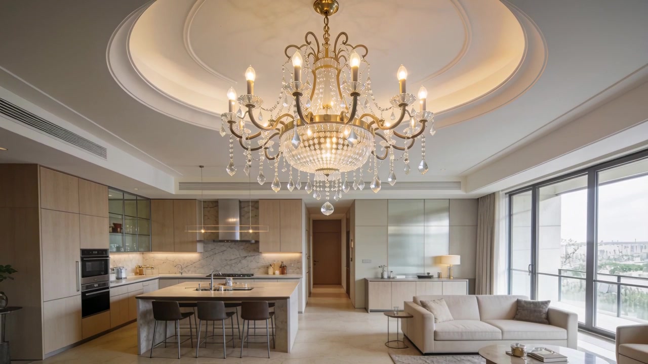 Approaching camera dollying toward chandelier above island in open living room, showcasing crystals