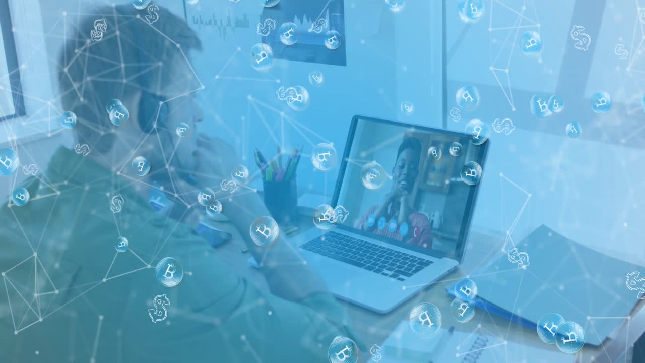 전화 헤드 ⁇ 과 노트북을 사용하는 백인 남성 위의 비트코인 아이콘의 애니메이션