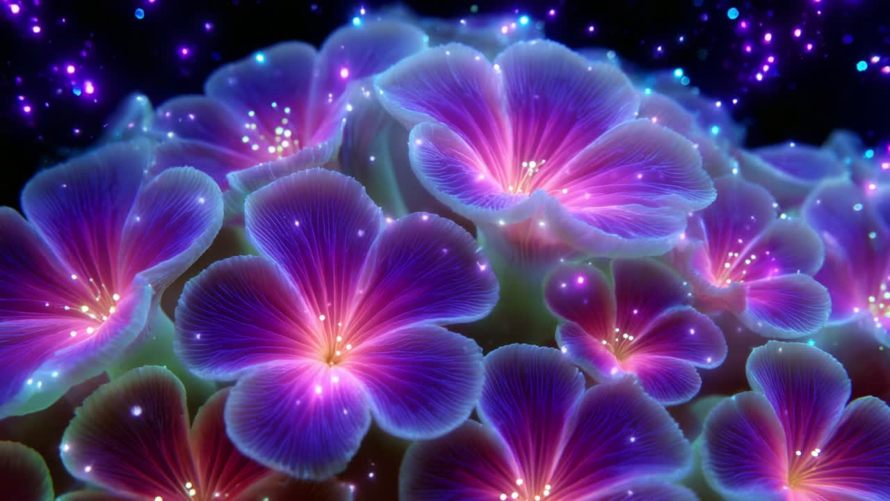 A Stunning Display of Ethereal Flowers Illuminated by Radiant Colors and Sparkling Lights, Capturing the Essence of Beauty in Nature; An Enchanting Visual Experience of Floral Splendor and Magic