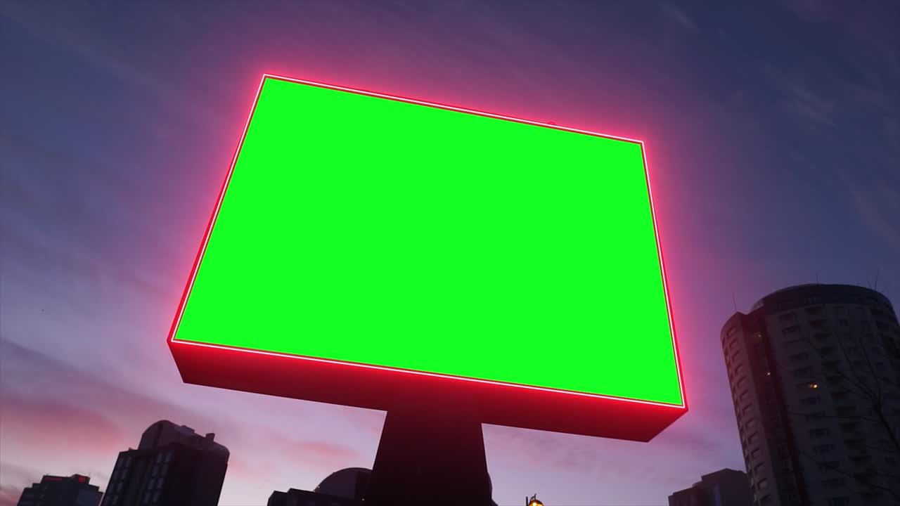 cartel de pantalla verde en la vida urbana, la ciudad. panel de publicidad en blanco, banner para el marketing. clave de croma signo vacío.