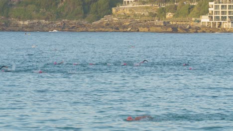 nadadores de triatlón compitiendo en las aguas del océano