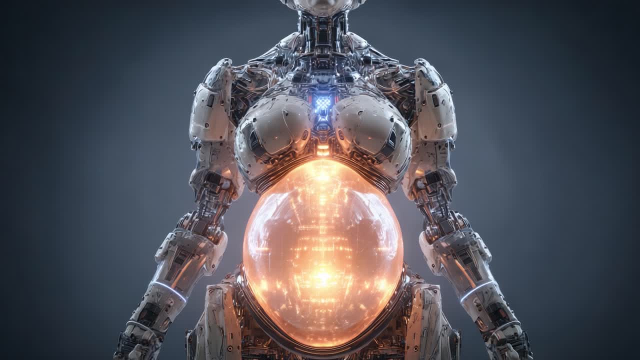 A futuristic humanoid robot stands confidently with illuminated core and raised arms, showcasing advanced technology and intricate design, embodying the blend of art and science in robotics