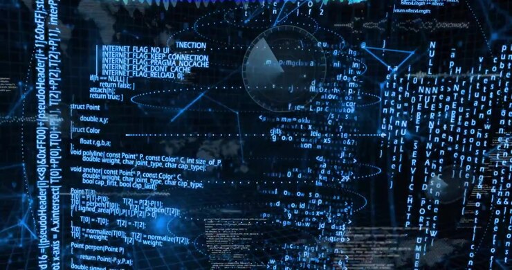 Vertical column featuring glowing blue code floating in orbital paths pie chart spheres over grid