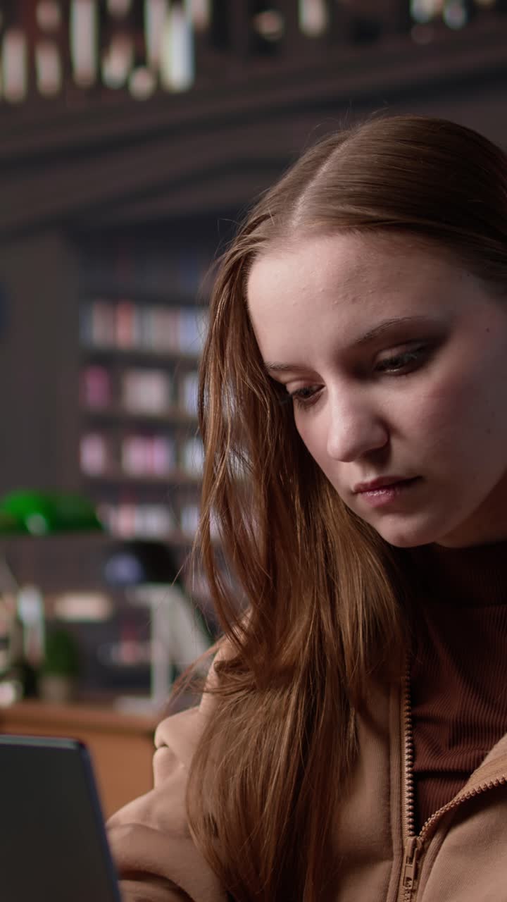Vertical video student struggling to stay focused and awake while she does her research