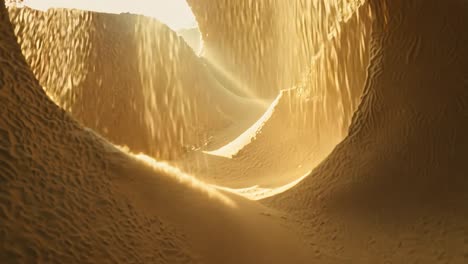 sunbeams illuminate fine sand as it falls like rain from the top of a desert canyon, creating a captivating natural spectacle