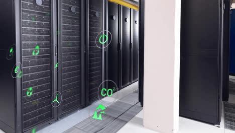 animation of eco icons and data processing over computer servers