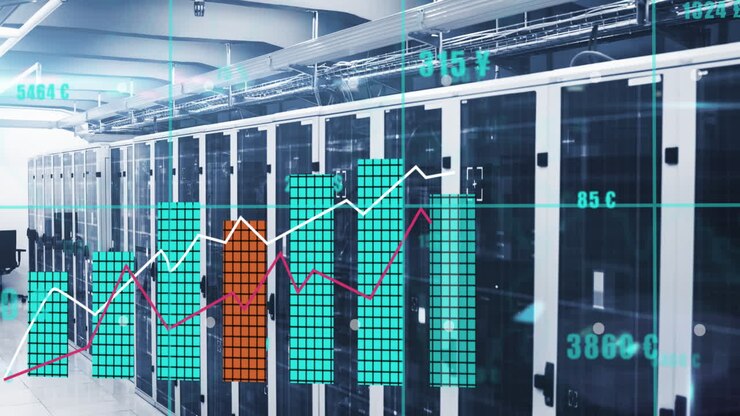 Animation of statistical data processing and light spot against computer server room
