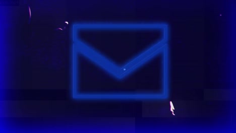 Animation-of-flashing-blue-neon-email-envelope-symbol,-with-interference,-on-blue-background