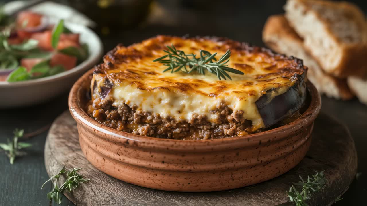 Traditional greek moussaka dish with slices of fried eggplant, minced meat, tomato sauce, spices and bechamel sauce, served in a terracotta bowl