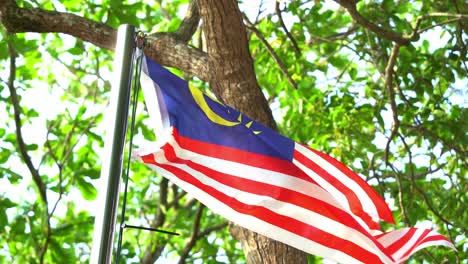 The-national-flag-of-Malaysia,-also-known-as-the-Stripes-of-Glory,-waving-on-the-flagpole-against-beautiful-green-nature-background,-close-up-shot