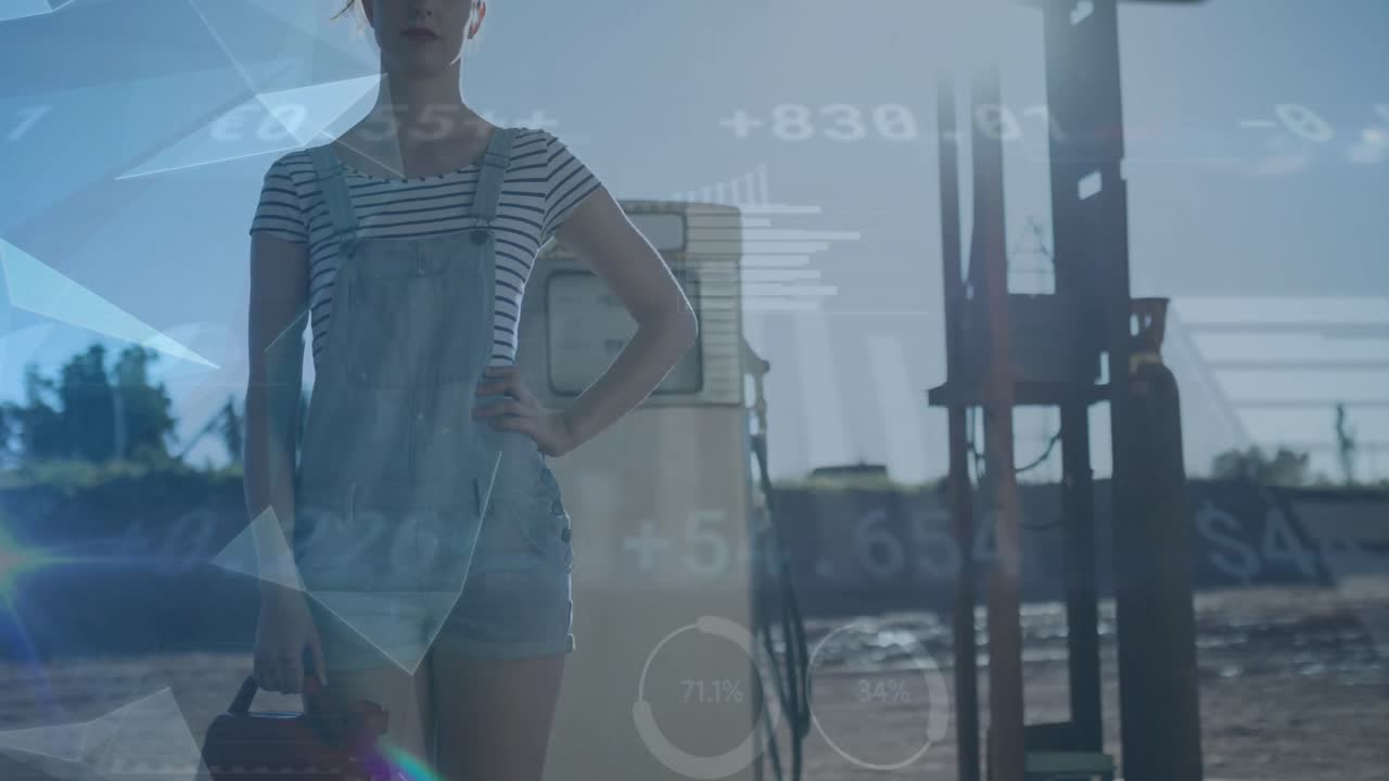 animación del procesamiento de datos sobre una mujer caucásica en una gasolinera