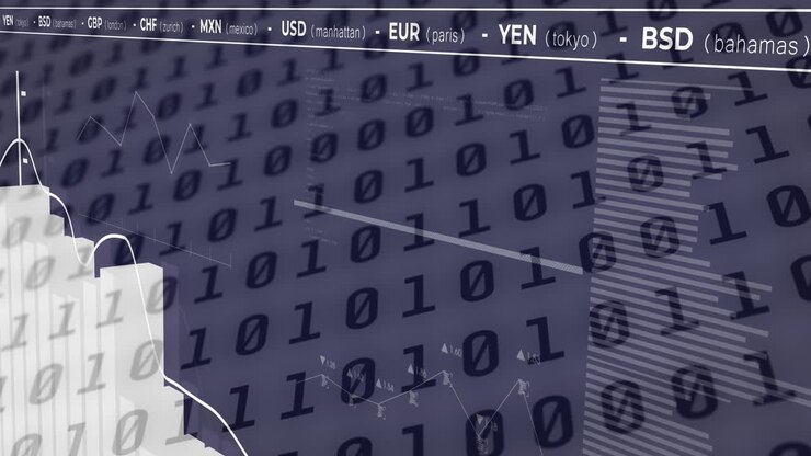 Animazione di codice binario ed elaborazione dati finanziari su sfondo nero