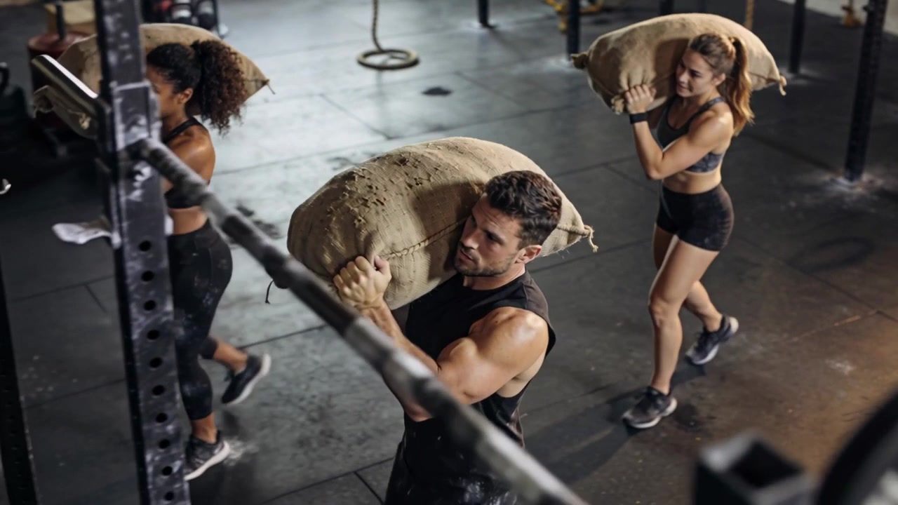 Tre atleti, con sacchi di sabbia di iuta sulle spalle, camminano in palestra in abbigliamento sportivo, sollevando polvere.