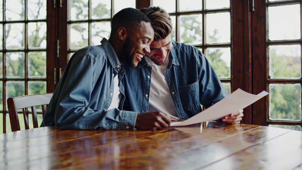 Two people smiling over a photo at a wooden table, captured in a warm, intimate video style