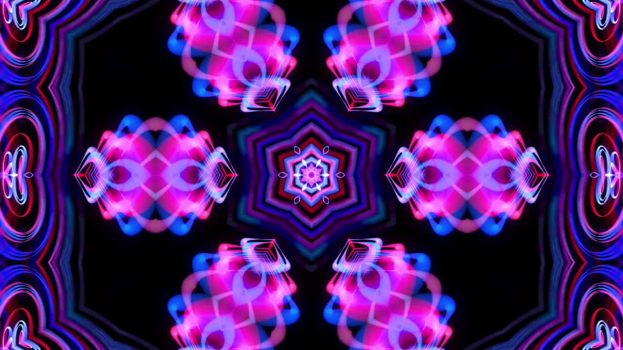4k bg abstracto con patrón de líneas púrpuras azules brillantes. patrón como flor, estrella o mandala de líneas curvas brillantes. estructura simétrica caleidoscópica. espectáculo de láser abstracto. animación vj con líneas