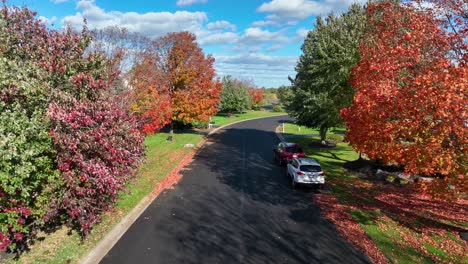 Vorstadtstraße-Im-Herbst-Mit-Buntem-Laub-Und-Einem-Klaren-Blauen-Himmel